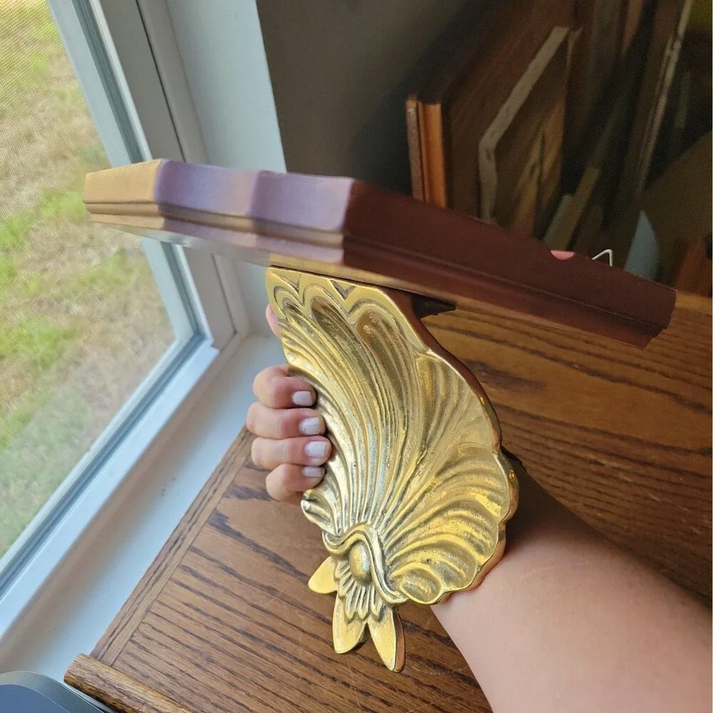 Vtg Seashell Wall Shelf Solid Brass Wood Scallop Gold Shell Hollywood Regency
